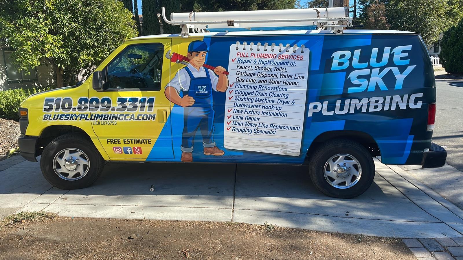 Blue Sky Plumbing wrapped van, full side view with 510.899.3311